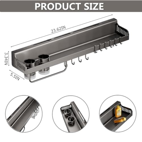HGH365 Black Stainless Steel Wall Mount Spice Rack with Hooks, 23.7in Seasoning Jar Organizer