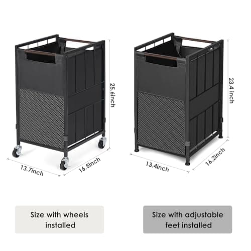 Black Laundry Hamper with Wheels & Adjustable Feet, 90L Liner & Mesh Pocket