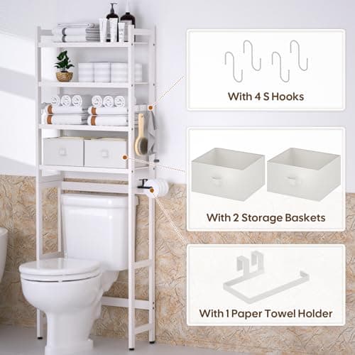 Bamboo Over-the-Toilet Organizer with Baskets & Hooks (White)