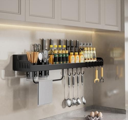 Stainless Steel Wall Mount Spice Rack with Hooks, 23.7in Seasoning Jar Organizer (Black)