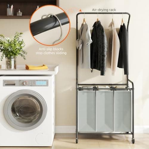 ROMOON 3-Section Laundry Hamper with Hanging Rack & Lockable Wheels - Upgraded 2025