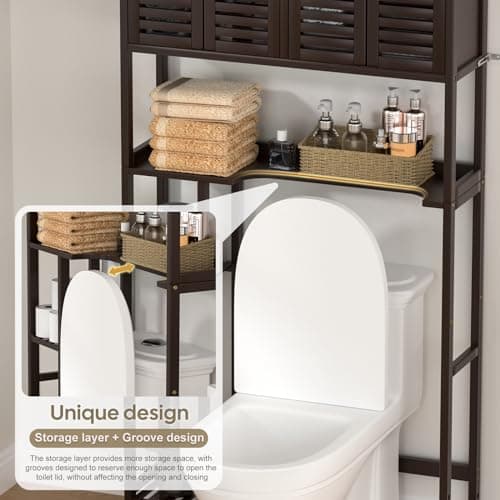 Bamboo Toilet Storage Cabinet with Paper Holder, 4-Door & Waterproof Feet (Brown)
