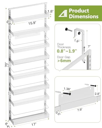 Over the Door Pantry Organizer, Large 8-Tier White Wall Mount Storage