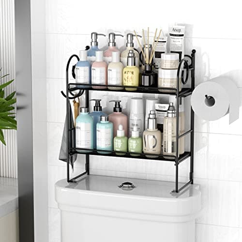 2 Tier Black Over Toilet Storage Organizer Shelf with Hooks and Paper Holder