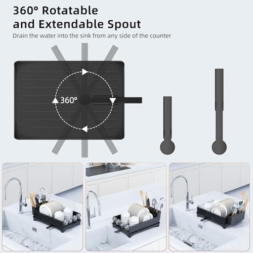 Black Kitchen Counter Dish Drying Rack with Drain & Cutlery Holder