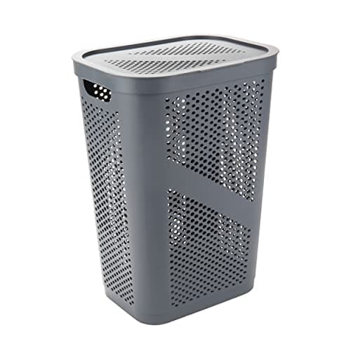 60L Slim Laundry Hamper with Lid, Ventilated Gray Plastic