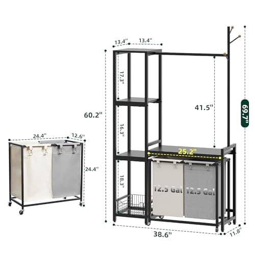 2-Section Laundry Hamper with Shelf & Sorter, 12.4 Gal Removable Bags, Black JLH004B