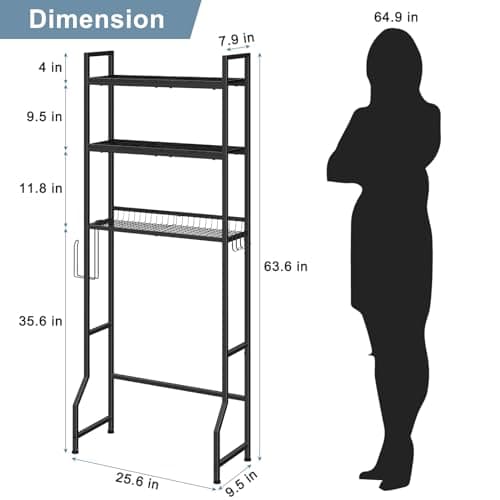 3 Tier Over the Toilet Storage Organizer with Hooks and Paper Holder - Black Stand