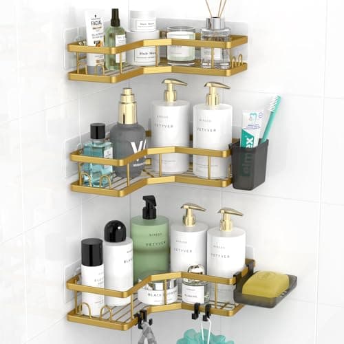 Stainless Steel Adhesive Corner Shower Caddy, 2 Pack, Hooks & Toothpaste Holder