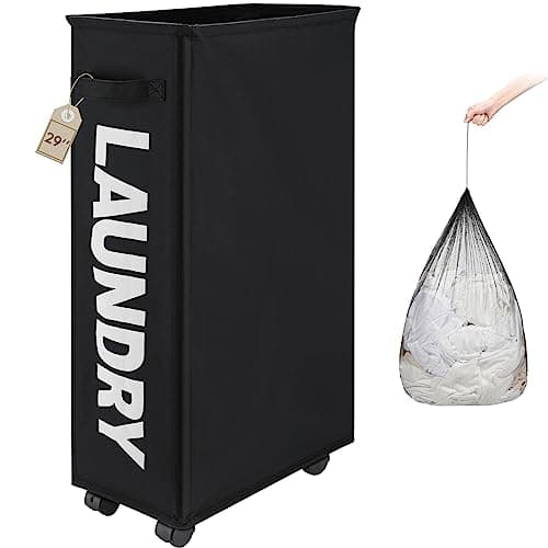 TOTANKI 25" Rolling Laundry Basket, Foldable with Handle (Black)