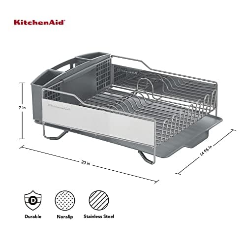 KitchenAid Rust-Resistant Full Size Dish Rack, Light Grey with Drain Board & Removable Caddy