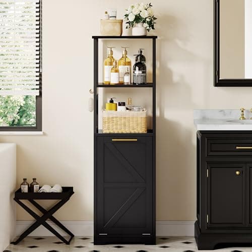 Black 53" Tall DWVO Tilt Out Laundry Hamper with Storage Shelves for Bathroom, Bedroom, and Laundry Room