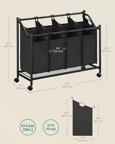 SONGMICS Rolling Laundry Basket with 4 Removable Bags, Ink Black URLS103B01