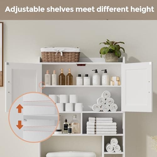 Toilet Storage Cabinet with Barn Doors and Toilet Paper Holder Stand, FreeStanding Shelf Space Saver for Bathroom, White