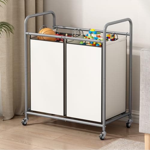 2-Bag Laundry Sorter Cart with Rolling Bags for Clothes Storage in Beige