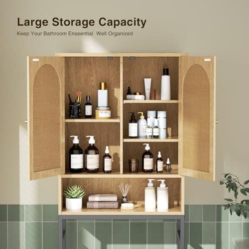 Tall Rattan Toilet Storage Cabinet with Metal Stand, Bathroom Organizer