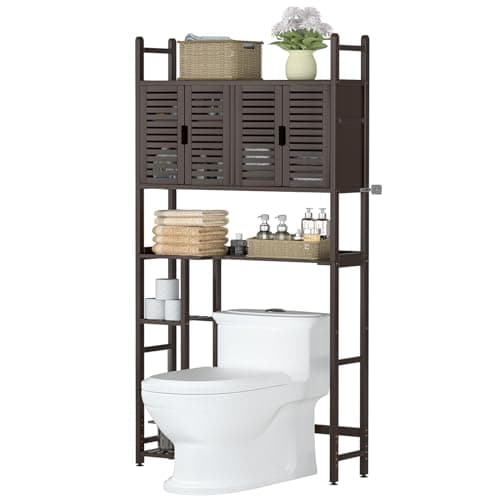Bamboo Toilet Storage Cabinet with Paper Holder, 4-Door & Waterproof Feet (Brown)