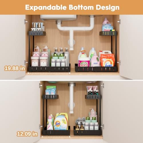 REALINN 2 Tier Expandable Under Sink Organizer, Adjustable & Black, 2 Pack