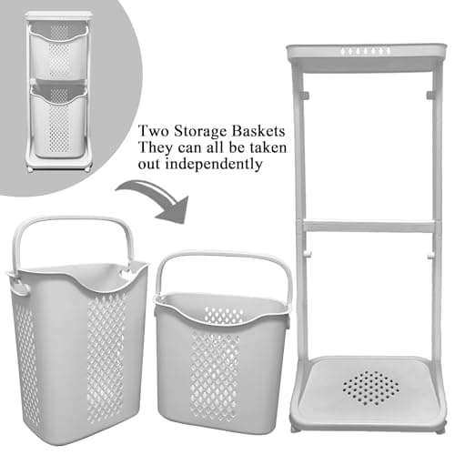 2-Tier Plastic Laundry Basket with Wheels, 40L+32L Capacity, Multi-Functional Kitchen & Bathroom Organizer