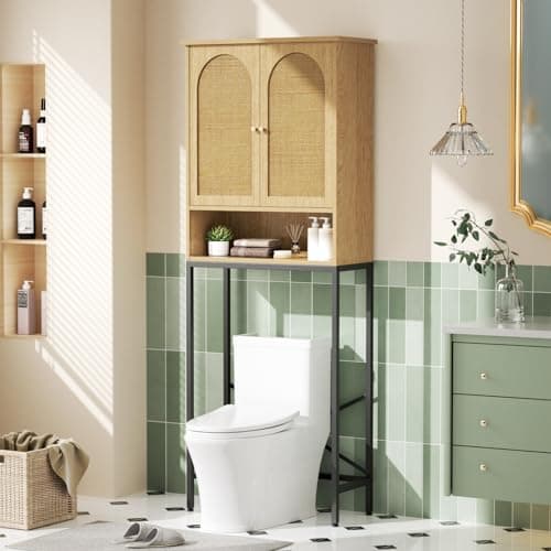 Rattan Toilet Storage Cabinet with Metal Stand, Adjustable Shelf, Freestanding Washer Shelf, Space Saver, Natural Style - Black