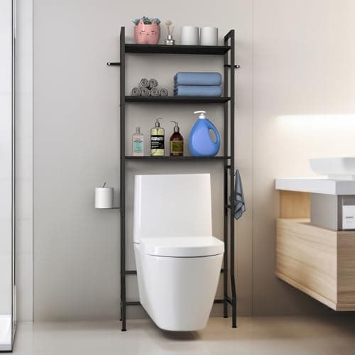 CADUKE 3-Tier Over the Toilet Organizer, Black Storage Shelf with Hooks & Paper Holder