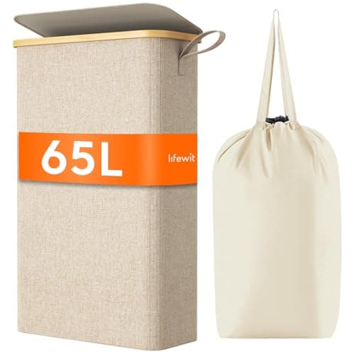 Slim 50L Laundry Hamper with Lid and Bamboo Handles