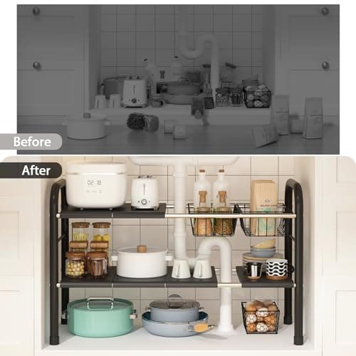 Expandable Under Sink Organizer with 2 Tiers and 2 Removable Baskets