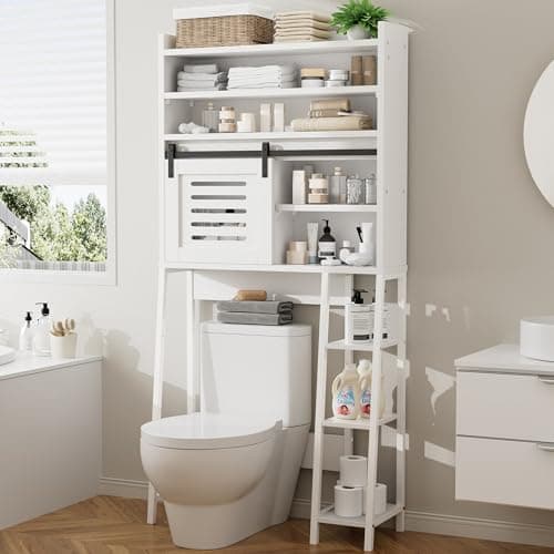 Meilocar White Freestanding Toilet Storage Cabinet with Sliding Doors