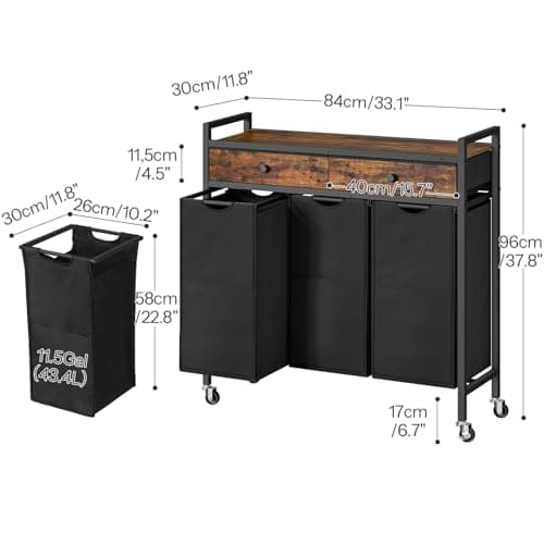 HOOBRO 3-Section 130L Rustic Brown Laundry Sorter with Drawers and Bags BF78XY01