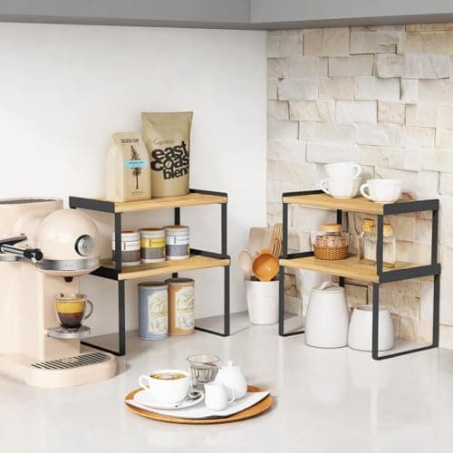 Bamboo & Black Expandable Kitchen Cabinet Organizer Set of 4 Shelves