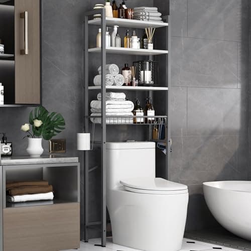 Over-The-Toilet 4-Tier Bathroom Organizer Shelf with Adjustable Basket - Vintage Brown