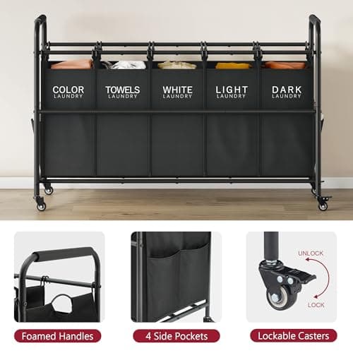 5-Bag Laundry Sorter Cart with Rolling Wheels for Dirty Clothes Storage