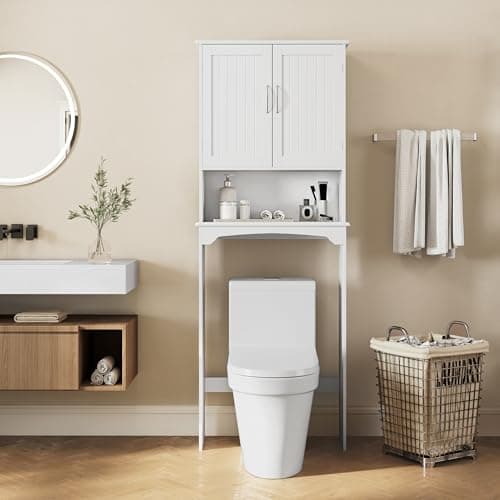 Yaheetech Double Door Toilet Cabinet, White with Adjustables and Open Shelf