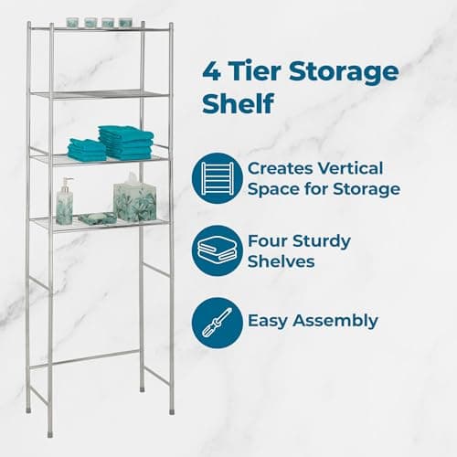 Honey-Can-Do 4-Tier Over-The-Toilet Organizer - Space-Saving Steel Shelf, Neutral Chrome, 24"W x 68"H