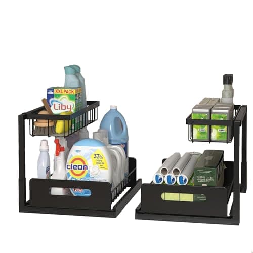 2 Pack Metal Under Sink Organizers with Sliding Drawer, White, Kitchen & Bathroom Storage
