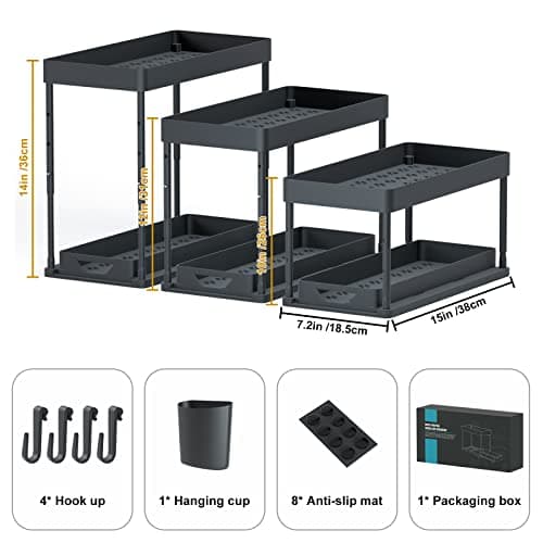 2 Pack HI NINGER Adjustable Height Under Sink Organizers with 8 Hooks & Hanging Cups