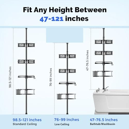 Hamitor 4-Tier Rustproof Bathroom Organizer - 47-121 inch Adjustable Shelving Rack - Black