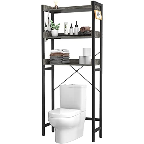 Freestanding Over-The-Toilet Storage Rack, 3-Tier Bathroom Organizer Shelf with Hooks - Black
