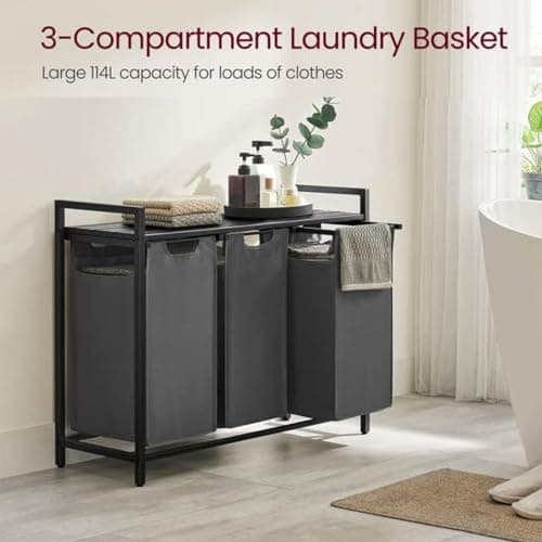 VASAGLE Laundry Sorter with 3 Bags, Metal Frame, 3 x 10 Gallons, Black and Gray
