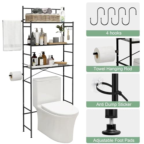 Toilet Storage Organizer Shelf with X-Shaped Bar and Hooks
