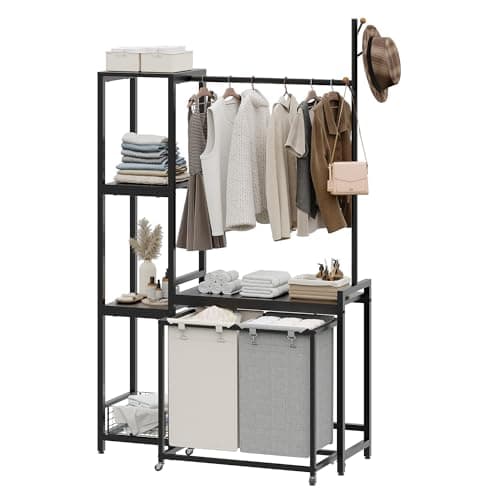 2-Section Laundry Hamper with Shelf & Sorter, 12.4 Gal Removable Bags, Black JLH004B