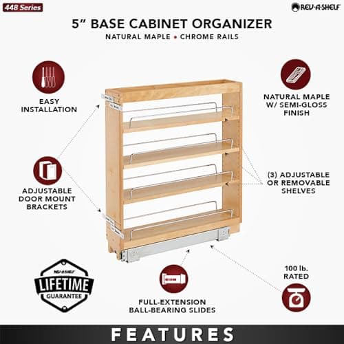 Rev-A-Shelf 5" Adjustable Kitchen Cabinet Organizer for 5.5" Opening, Spice Rack Included