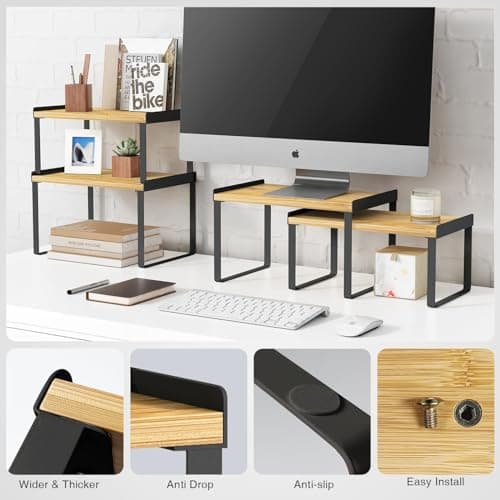 Bamboo & Black Expandable Kitchen Cabinet Organizer Set of 4 Shelves