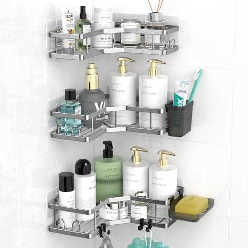 Stainless Steel Adhesive Corner Shower Caddy, 2 Pack, Hooks & Toothpaste Holder