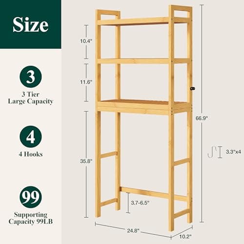 Smiry Bamboo 3-Tier Over Toilet Organizer, Stable Freestanding Shelf with 4 Hooks