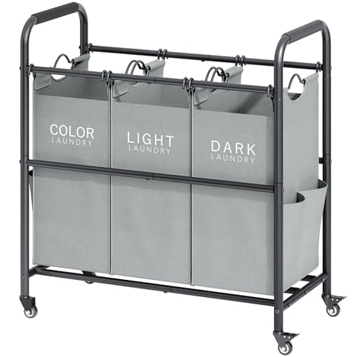 Tajsoon 3 Bag Laundry Sorter Cart, Grey