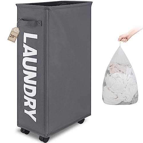 TOTANKI 25" Rolling Laundry Basket, Foldable with Handle (Black)