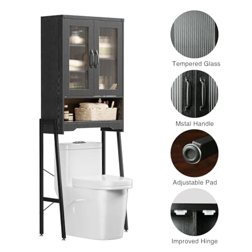 Black Tall Freestanding Toilet Cabinet with Glass Doors & Adjustable Shelf