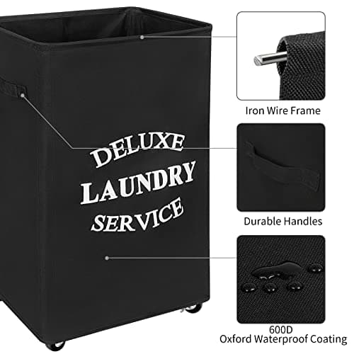 WOWLIVE Large Rolling Laundry Hamper, 90L Collapsible Black