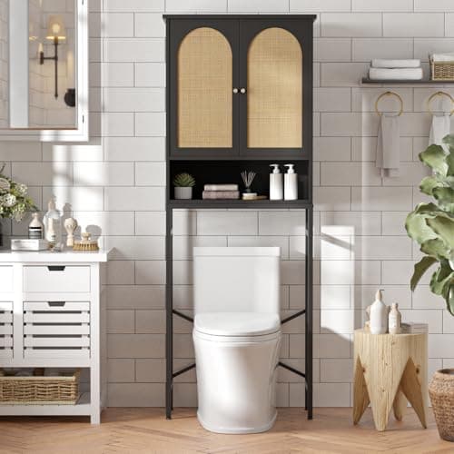 Rattan Over-Toilet Storage Cabinet with Metal Stand and Shelves